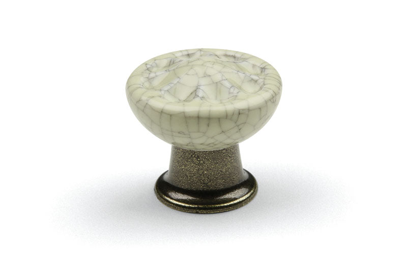 Buton mobilier Tulip Country – bronz antichizat / porțelan bej, rotund, lucios