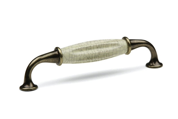 Mâner pentru mobilier Tulip Country – bronz vechi (antic) & porțelan bej, interax 128 mm