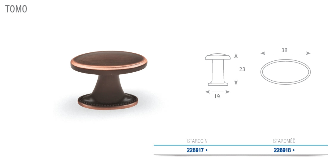 Buton mobilier Tulip Tomo – cupru antichizat închis (old copper dark), oval, 38 × 19 mm, cu șurub