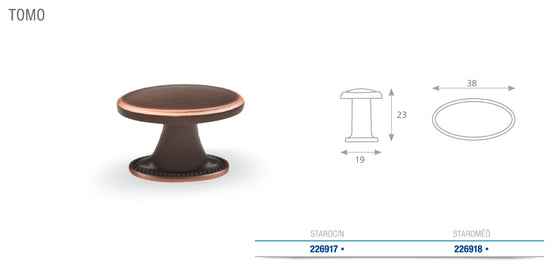 Buton mobilier Tulip Tomo – cupru antichizat închis (old copper dark), oval, 38 × 19 mm, cu șurub