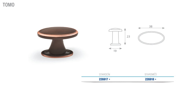 Buton mobilier Tulip Tomo – cupru antichizat închis (old copper dark), oval, 38 × 19 mm, cu șurub