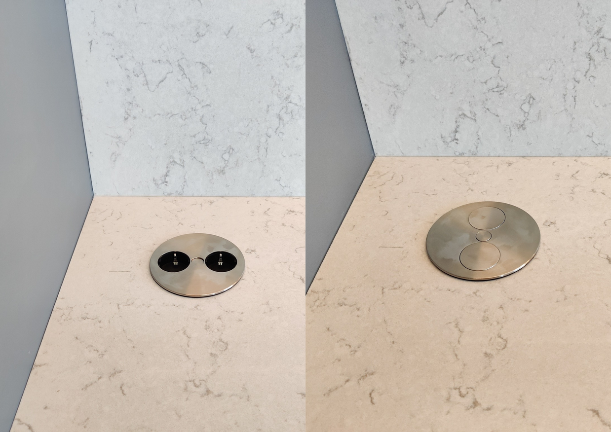 Mobilă bucătărie fabricată la comandă de NORVINIA cu blat și glaf geam din cuarț compozit, mobilier din MDF termoformat