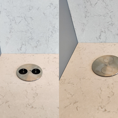 Mobilă bucătărie fabricată la comandă de NORVINIA cu blat și glaf geam din cuarț compozit, mobilier din MDF termoformat