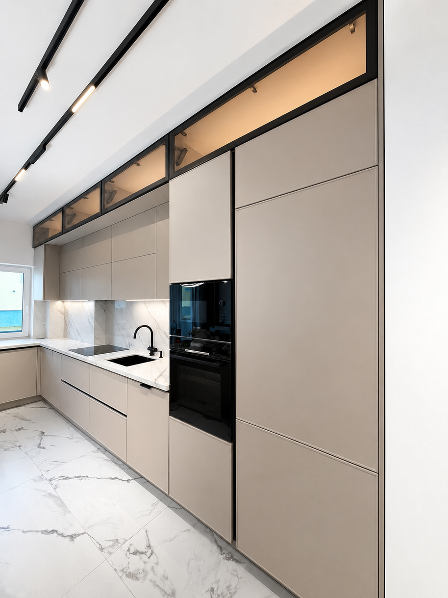 Mobilier de bucătărie NORVINIA, cu fronturi din MDF termoformat, blat din cuarț compozit și mânere tip profil GOLA, finisaj negru mat