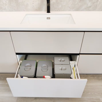 Mobilă de bucătărie fabricată la comandă de Norvinia cu blat din cuarț compozit, mobilier din MDF termoformat