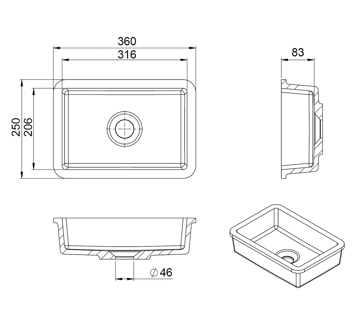AMY-UN – lavoar încastrabil în blat din compozit acrilic