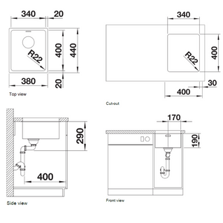 Chiuvetă bucătărie inox Blanco ANDANO 340-U 380 × 440 mm