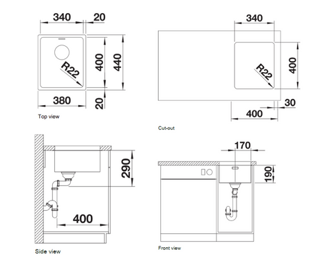 Chiuvetă bucătărie inox Blanco ANDANO 340-U 380 × 440 mm