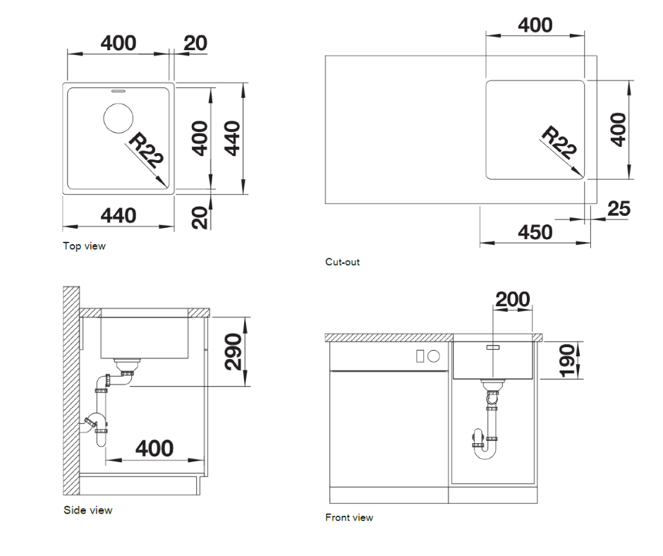 Chiuvetă bucătărie inox Blanco ANDANO 400-U 440 × 440 mm