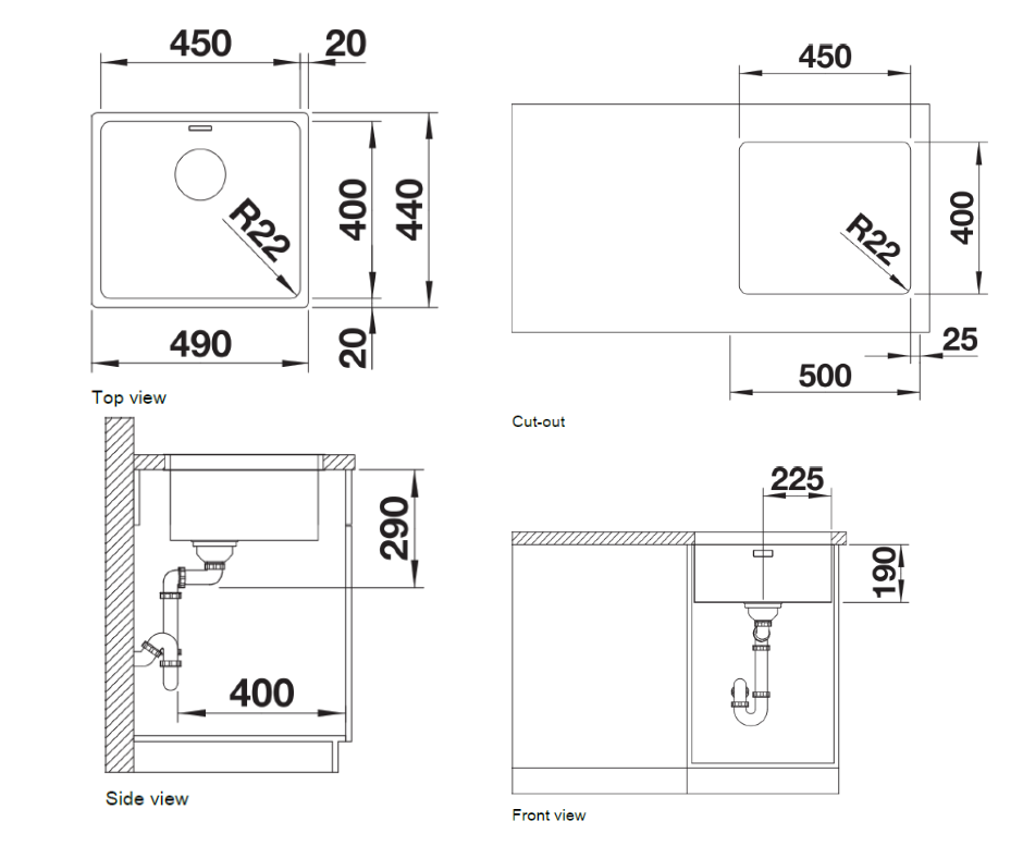 Chiuvetă bucătărie inox Blanco ANDANO 450-U 490 × 440 mm
