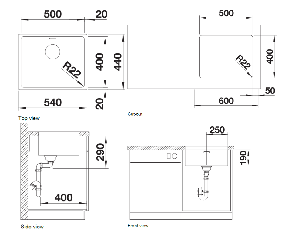 Chiuvetă bucătărie inox Blanco ANDANO 500-U 540 × 440 mm