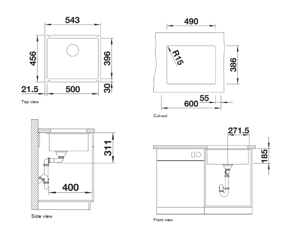 Chiuvetă bucătărie ceramică Blanco SUBLINE 500-U negru 543×456 mm