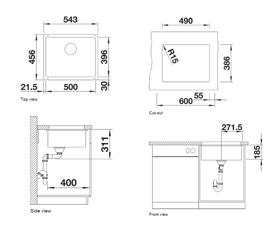 Chiuvetă bucătărie ceramică Blanco SUBLINE 500-U magnolia lucios 543×456 mm
