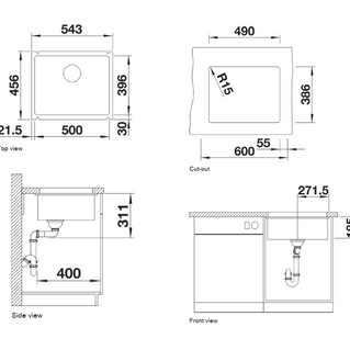 Chiuvetă bucătărie ceramică Blanco SUBLINE 500-U negru 543×456 mm