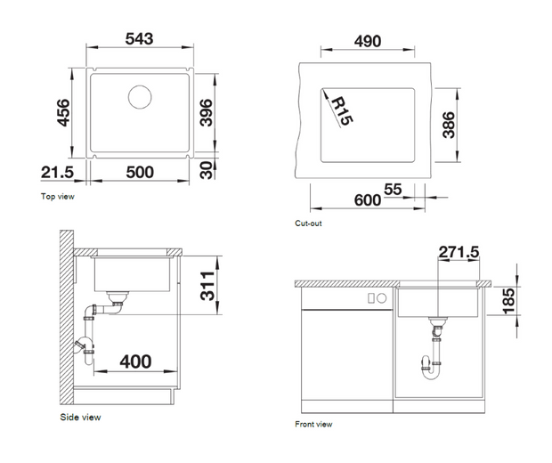 Chiuvetă bucătărie ceramică Blanco SUBLINE 500-U magnolia lucios 543×456 mm