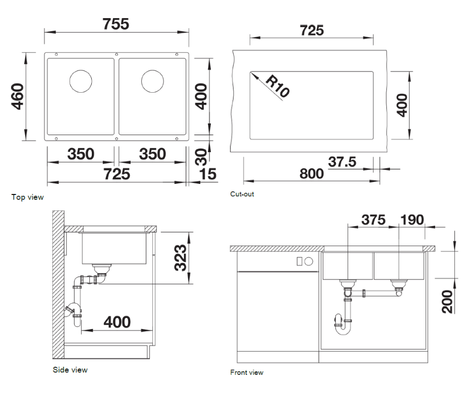 Chiuvetă bucătărie Silgranit Blanco SUBLINE 350/350-U alb 755×460 mm