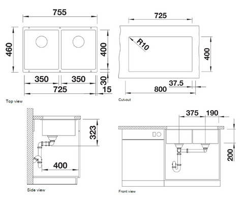 Chiuvetă bucătărie Silgranit Blanco SUBLINE 350/350-U alb 755×460 mm