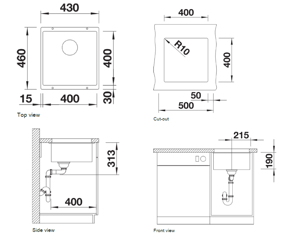 Chiuvetă bucătărie Silgranit Blanco SUBLINE 400-U trufe 430×460 mm