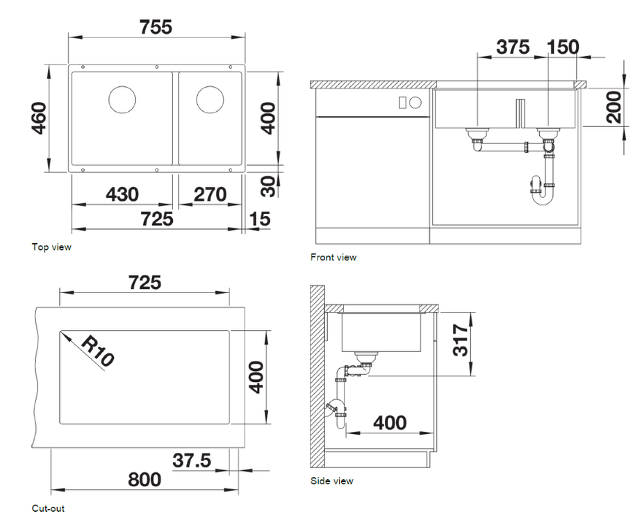 Chiuvetă bucătărie Silgranit Blanco SUBLINE 430/270-U negru 755×460 mm