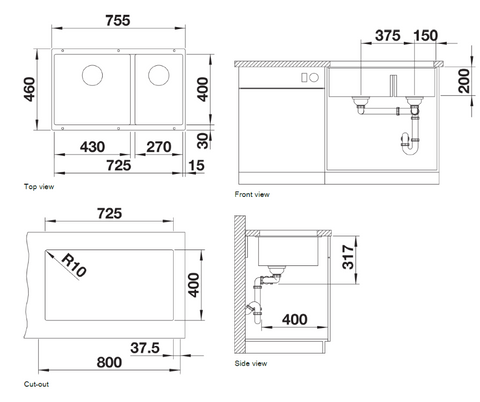 Chiuvetă bucătărie Silgranit Blanco SUBLINE 430/270-U alb antic 755×460 mm