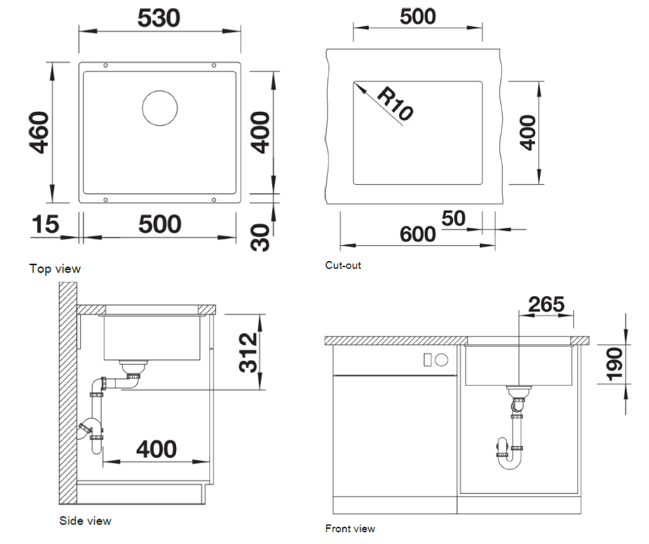 Chiuvetă bucătărie Silgranit Blanco SUBLINE 500-U alb 530×460 mm