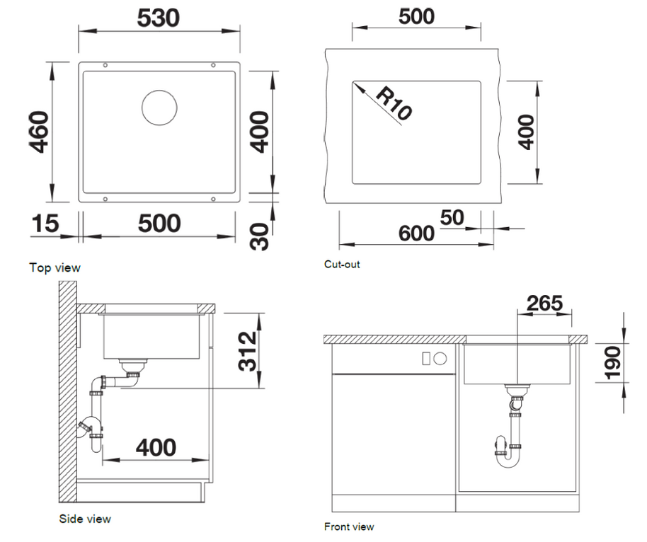 Chiuvetă bucătărie Silgranit Blanco SUBLINE 500-U alb 530×460 mm