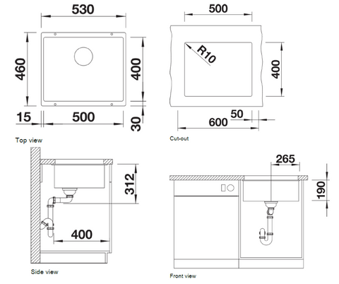 Chiuvetă bucătărie Silgranit Blanco SUBLINE 500-U alb 530×460 mm