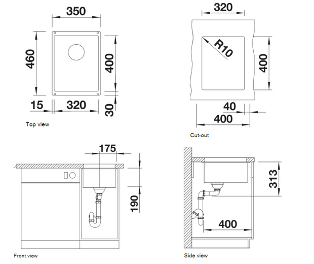 Chiuvetă bucătărie Silgranit Blanco SUBLINE 320-U alb 350×460 mm