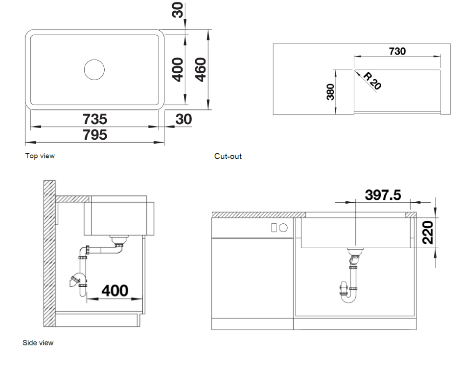 Chiuvetă bucătărie ceramică Blanco VILLAE Single Farmhouse alb lucios 795 × 460 mm