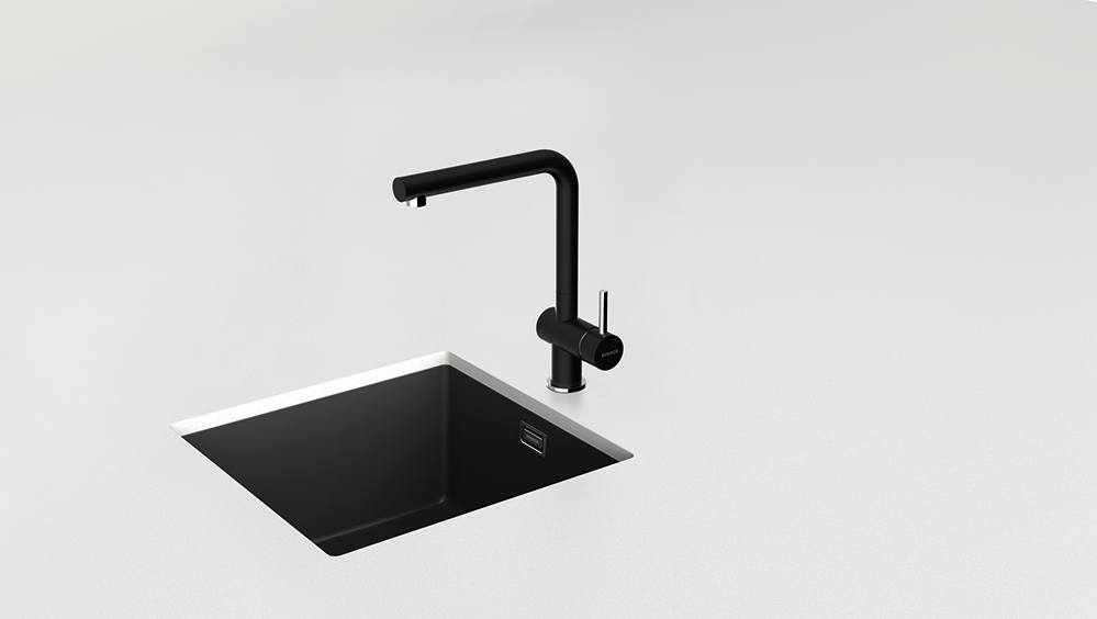 Baterie bucătărie Schock Epos Cristalite Nero, aspect granit, cartuș ceramic, negru