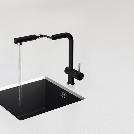 Baterie bucătărie Schock Epos Cristalite Sabbia cu cap extractibil, aspect granit, cartuș ceramic, nisip