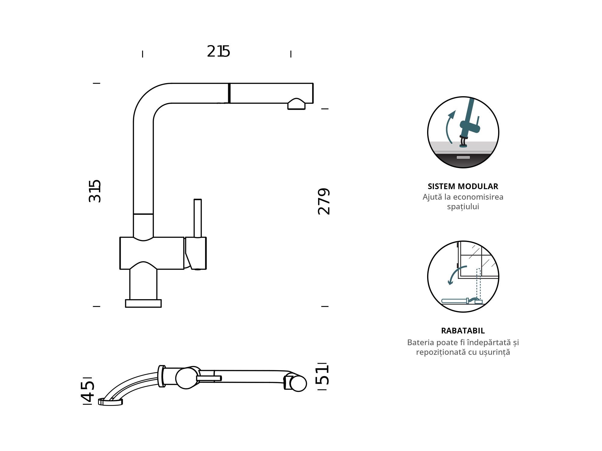 Baterie bucătărie Schock Epos Window Cristadur Puro cu cap extractibil, în fața ferestrei, aspect granit, cartuș ceramic, negru intens