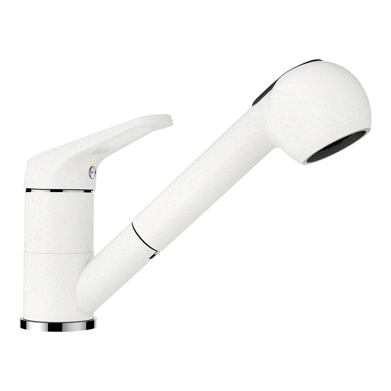 Baterie bucătărie Schock Cosmo Cristalite Alpina cu cap extractibil, 2 tipuri de jet, aspect granit, cartuș ceramic, alb