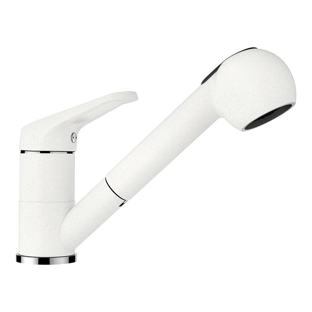 Baterie bucătărie Schock Cosmo Cristalite Alpina cu cap extractibil, 2 tipuri de jet, aspect granit, cartuș ceramic, alb