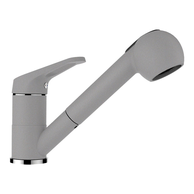 Baterie bucătărie Schock Cosmo Cristalite Croma cu cap extractibil, 2 tipuri de jet, aspect granit, cartuș ceramic, gri