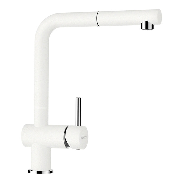 Baterie bucătărie Schock Epos Cristalite Alpina cu cap extractibil, aspect granit, cartuș ceramic, alb