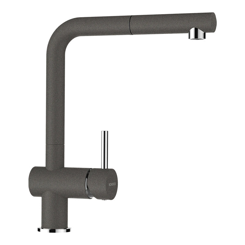 Baterie bucătărie Schock Epos Cristalite Asphalt cu cap extractibil, aspect granit, cartuș ceramic, gri asfalt
