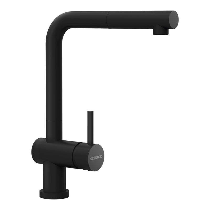 Baterie bucătărie Schock Epos Window Cristadur Puro cu cap extractibil, în fața ferestrei, aspect granit, cartuș ceramic, negru intens