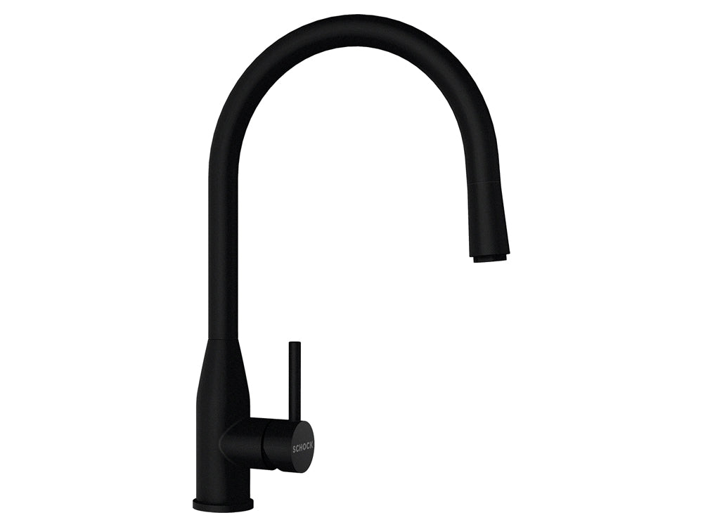 Set chiuvetă bucătărie Schock Greenwich N-100L 556 x 456 mm Cristadur Puro, negru intens cu părți vizibile și baterie bucătărie Schock Kavus cu cap extractibil Puro