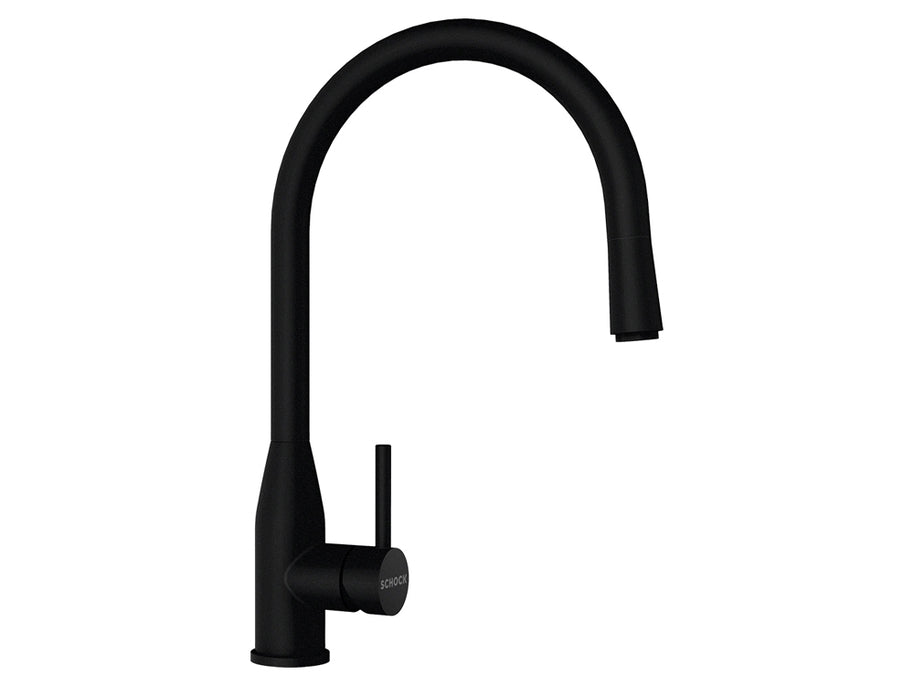 Set chiuvetă bucătărie Schock Greenwich N-100L 556 x 456 mm Cristadur Puro, negru intens cu părți vizibile și baterie bucătărie Schock Kavus cu cap extractibil Puro