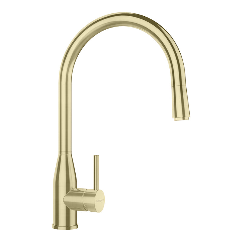 Set chiuvetă bucătărie Schock Greenwich N-100L 556 x 456 mm Cristadur Polaris, alb polar cu părți vizibile și baterie bucătărie Schock Kavus cu cap extractibil White Gold