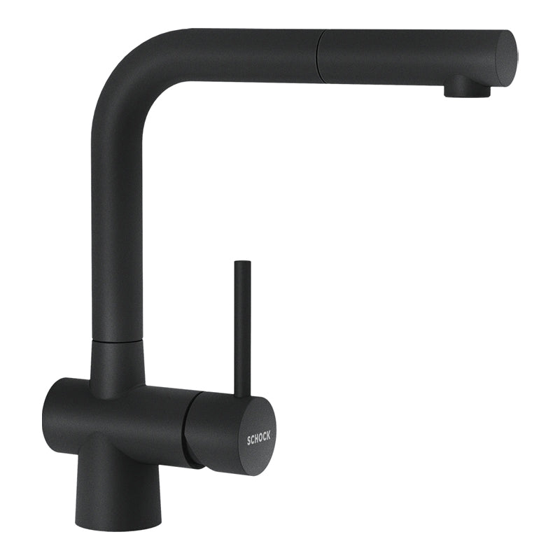 Baterie bucătărie Schock Laios Cristadur Magma cu cap extractibil, aspect granit, cartuș ceramic, negru metalizat