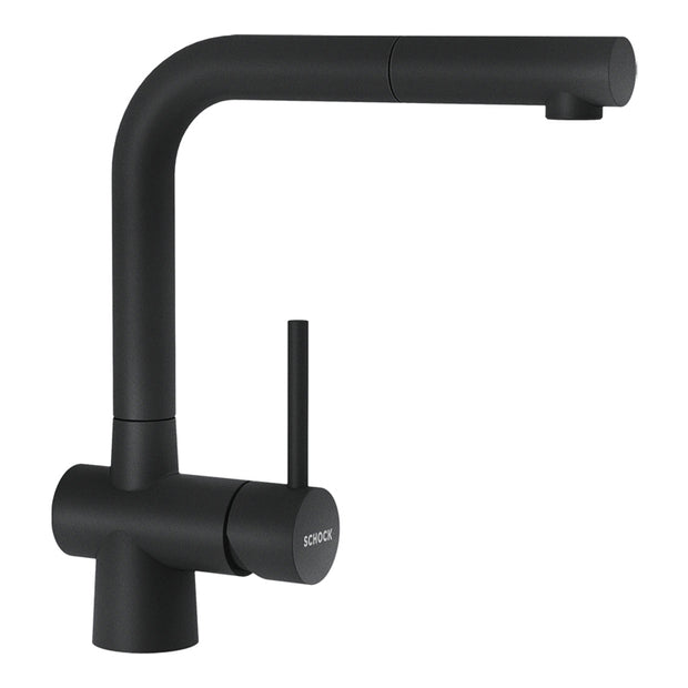 Baterie bucătărie Schock Laios Cristadur Magma cu cap extractibil, aspect granit, cartuș ceramic, negru metalizat