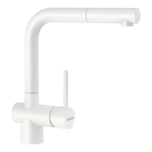 Baterie bucătărie Schock Laios Cristadur Polaris cu cap extractibil, aspect granit, cartuș ceramic, alb polar