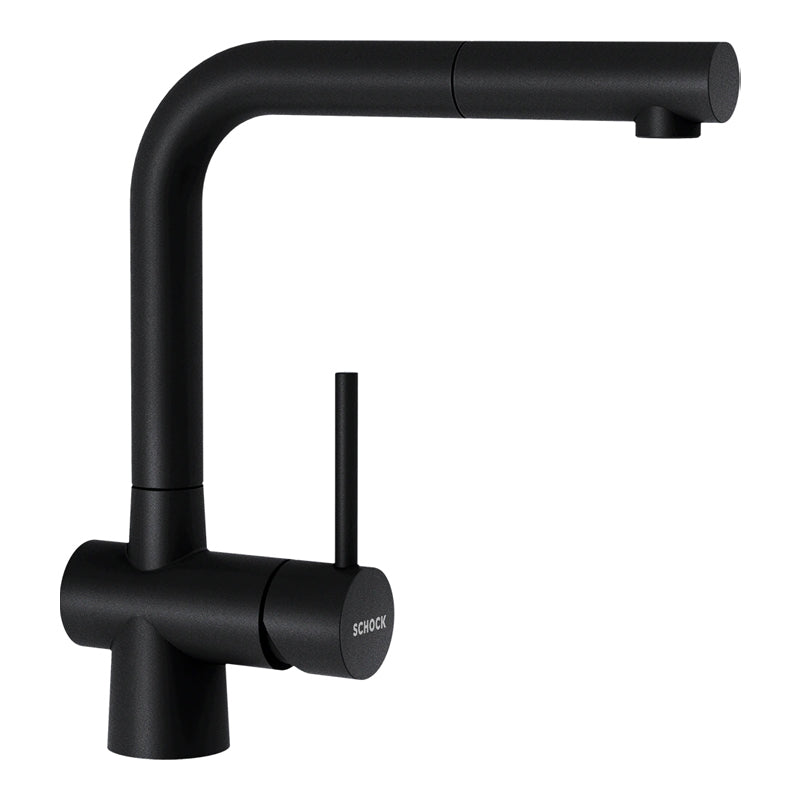 Baterie bucătărie Schock Laios Cristadur Puro cu cap extractibil, aspect granit, cartuș ceramic, negru intens