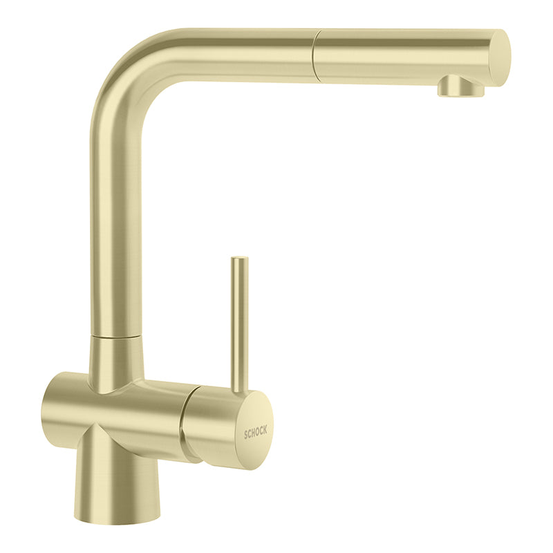 Baterie bucătărie Schock Laios White Gold cu cap extractibil, cartuș ceramic, inox auriu