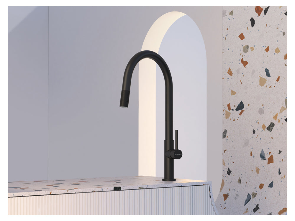 Baterie bucătărie Schock Talia Negru cu cap extractibil, cartuș ceramic