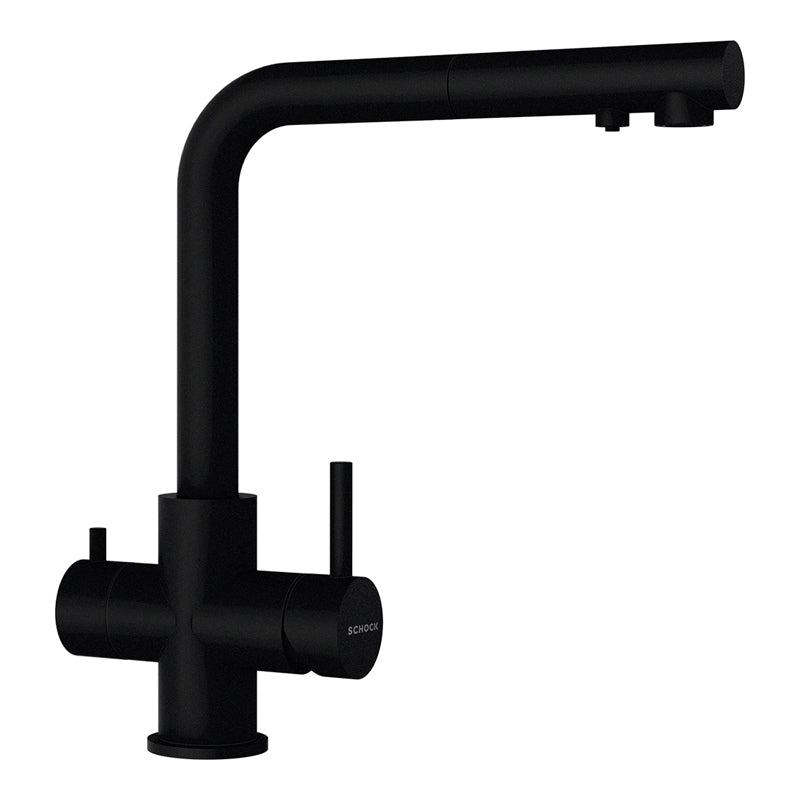 Baterie bucătărie Schock Vitus Cristadur Puro cu cap extractibil, 3 căi, aspect granit, cartuș ceramic, negru intens