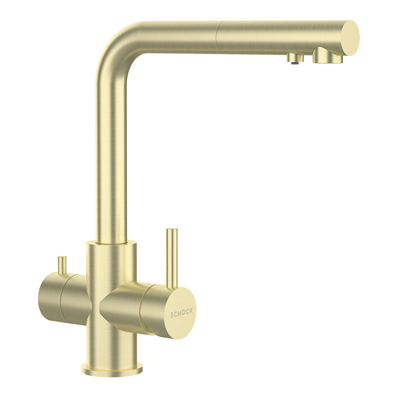 Baterie bucătărie Schock Vitus White Gold cu cap extractibil, 3 căi, cartuș ceramic