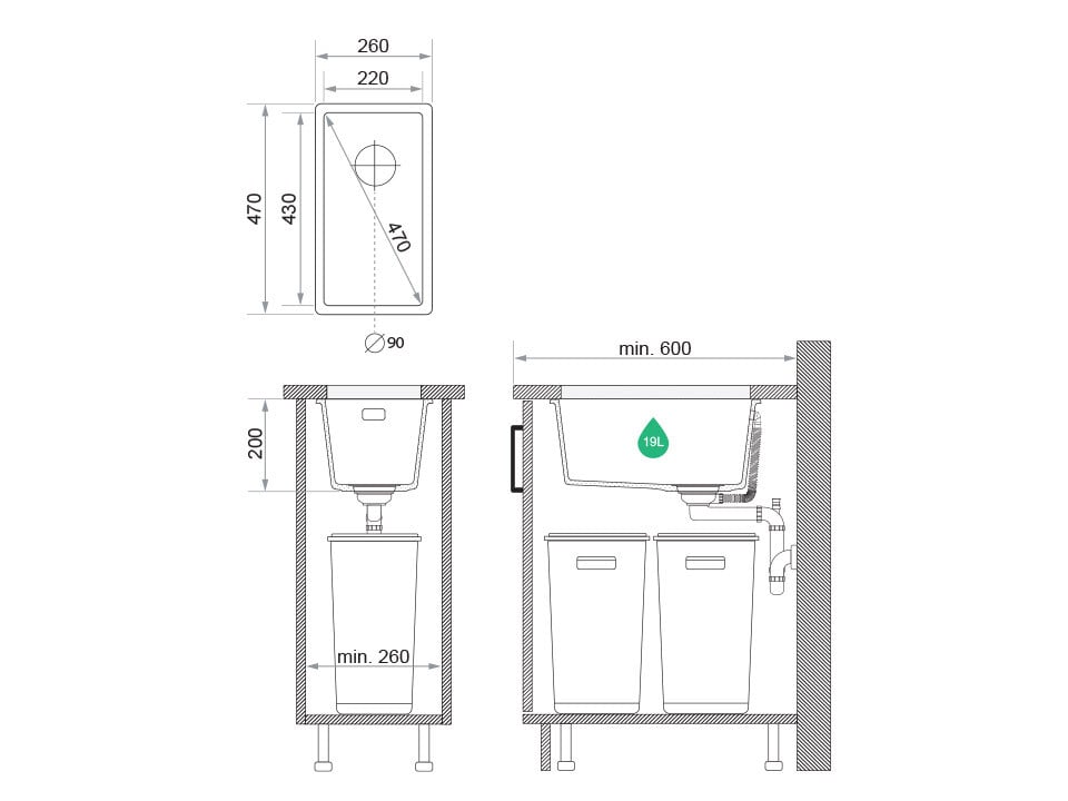 Chiuvetă granit sub blat London 45 XXL – Cuvă 370×430×200 mm